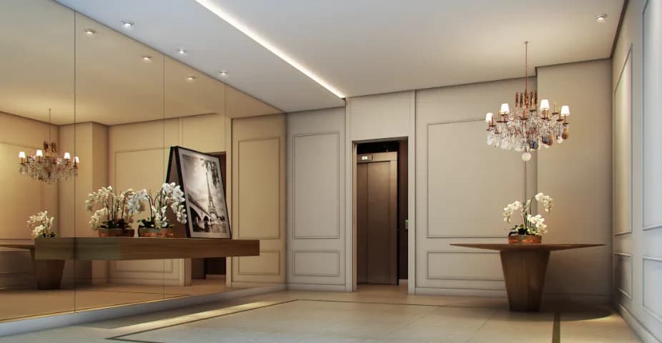 Perspectiva ilustrada do salão de festas