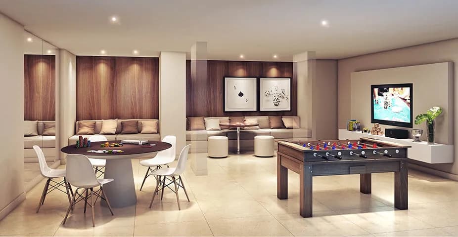 Perspectiva ilustrada do salão de jogos