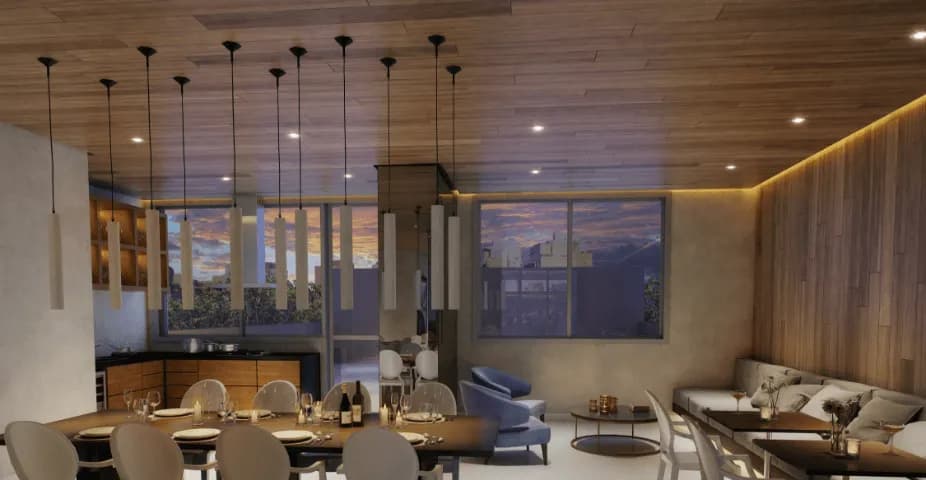 Perspectiva ilustrada do salão de festas