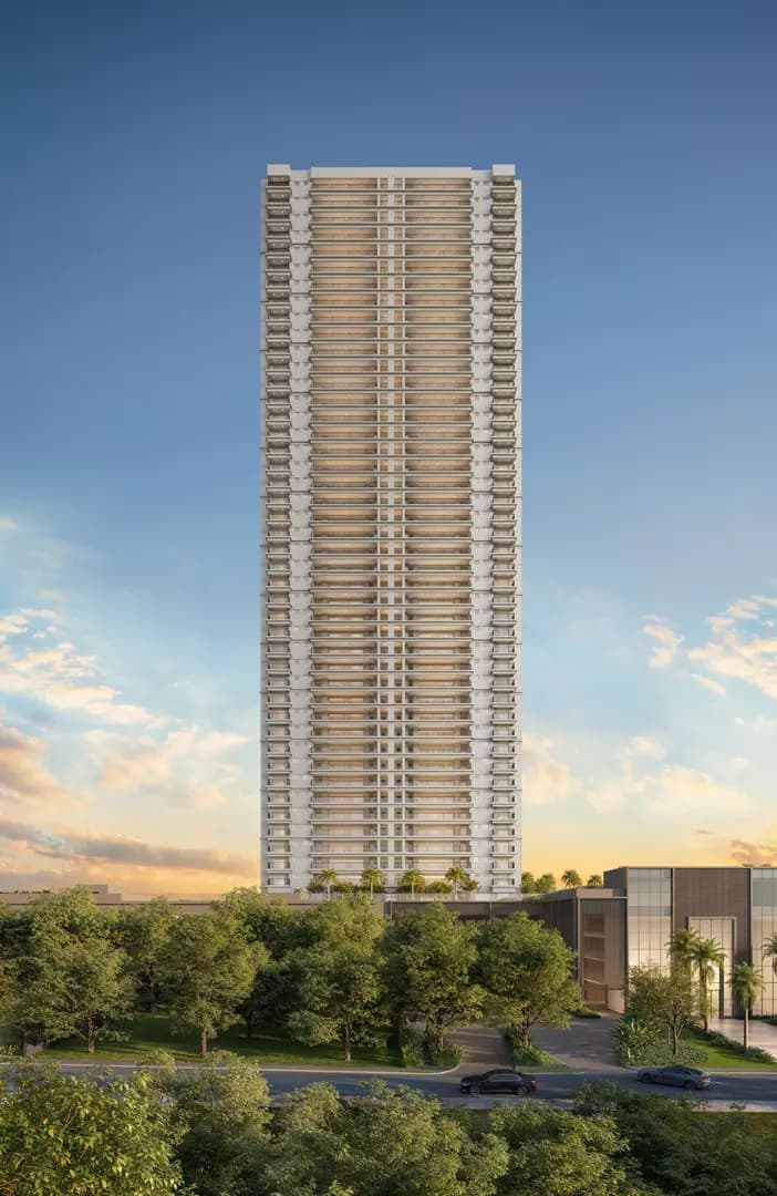 Perspectiva ilustrada da fachada da Torre D