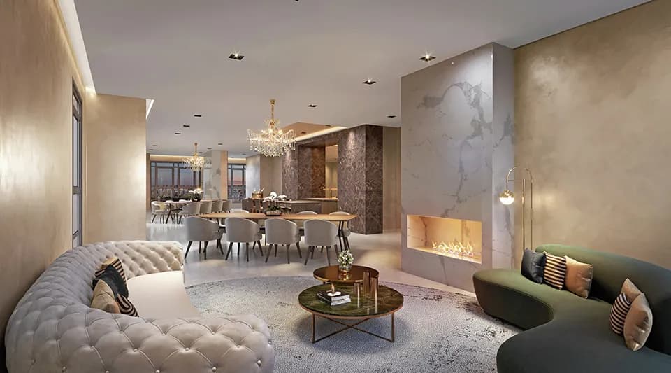 Perspectiva ilustrada do salão de festas