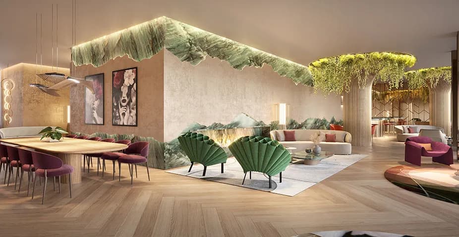 Perspectiva ilustrada do salão de festas