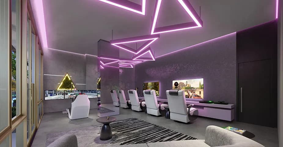 Perspectiva ilustrada da sala de games