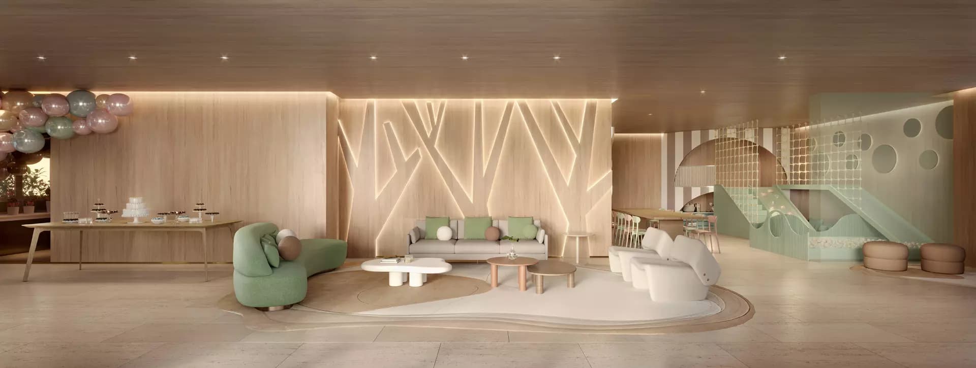 Perspectiva ilustrada do salão de festas infantil