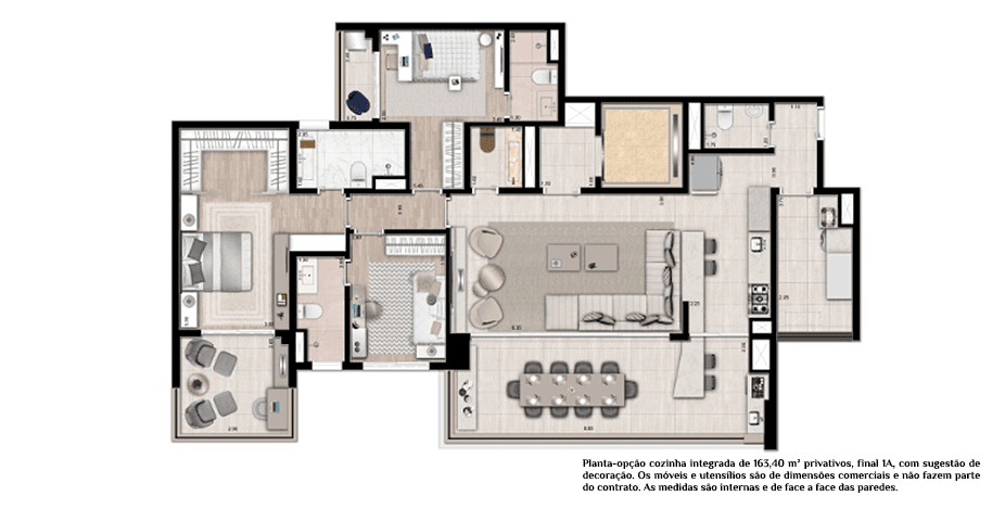 Planta opção cozinha integrada 163m²