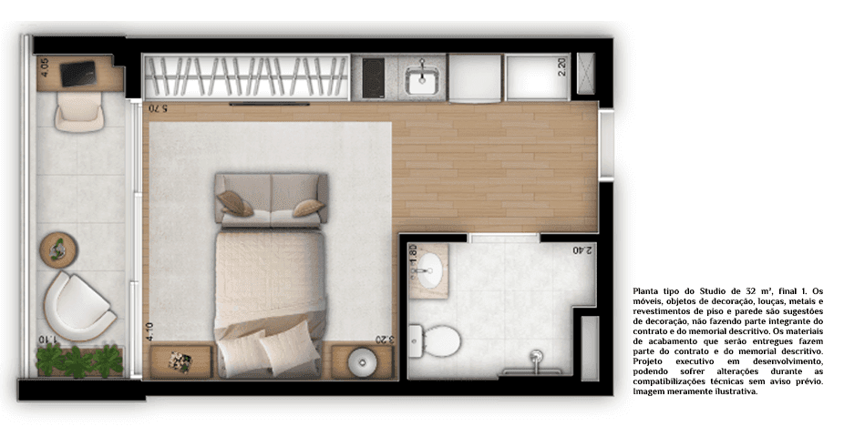 Planta tipo studio 32m²