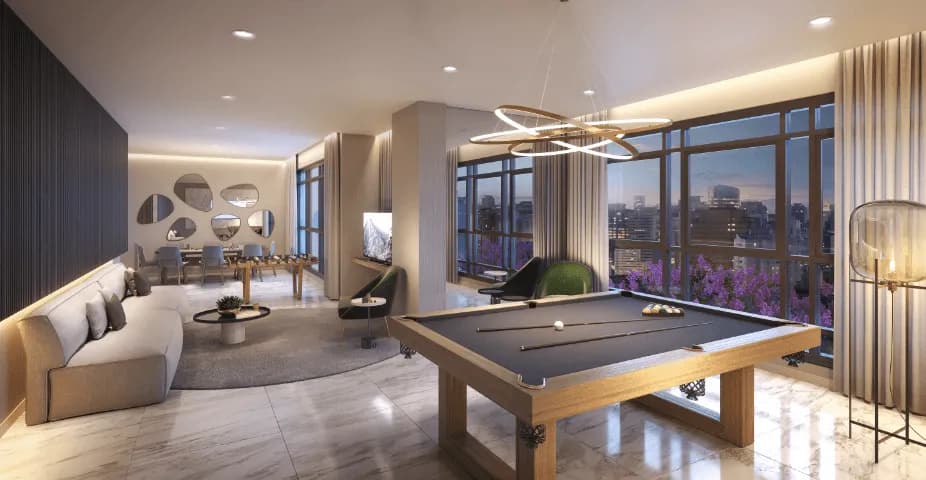 Perspectiva ilustrada do salão de jogos