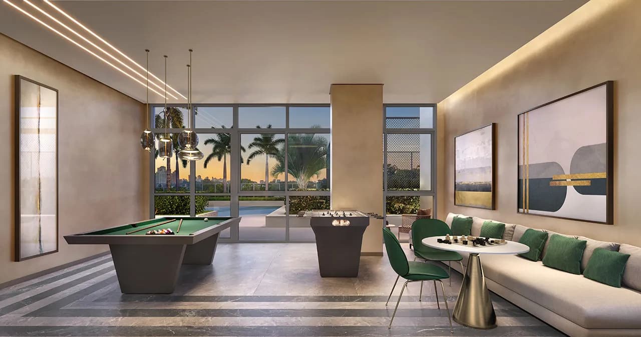 Perspectiva ilustrada do salão de jogos