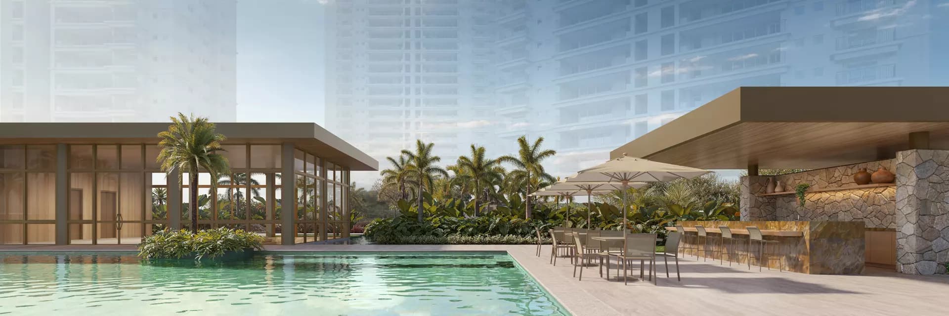 Perspectiva ilustrada do bar da piscina