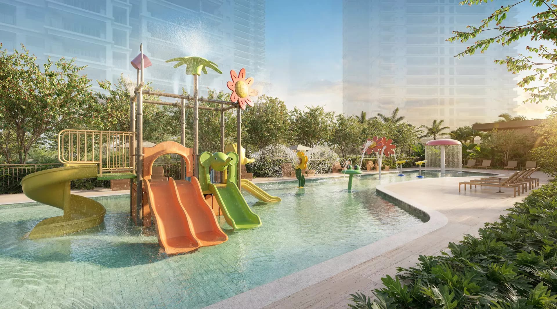 Perspectiva ilustrada da piscina infantil