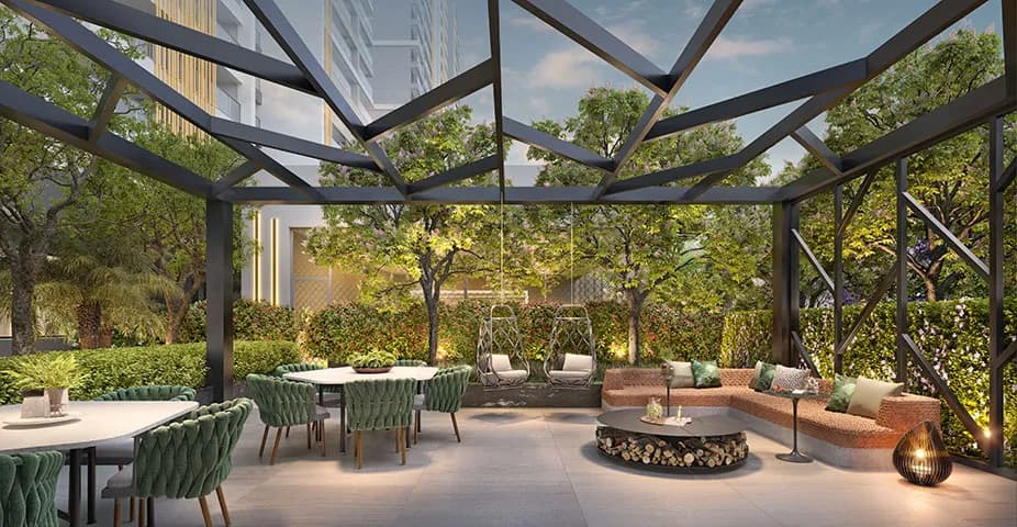 Perspectiva ilustrada do salão de festas aberto