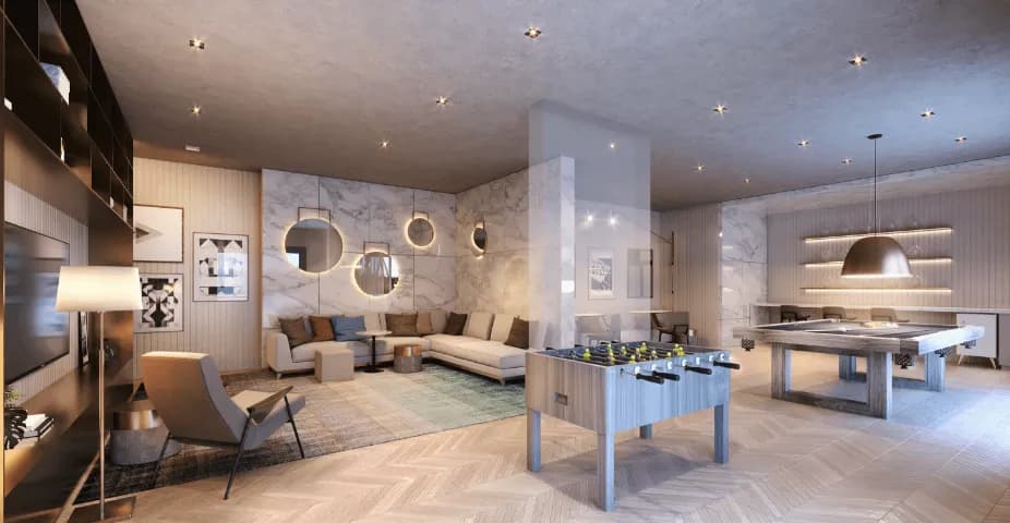 Perspectiva ilustrada do salão de jogos