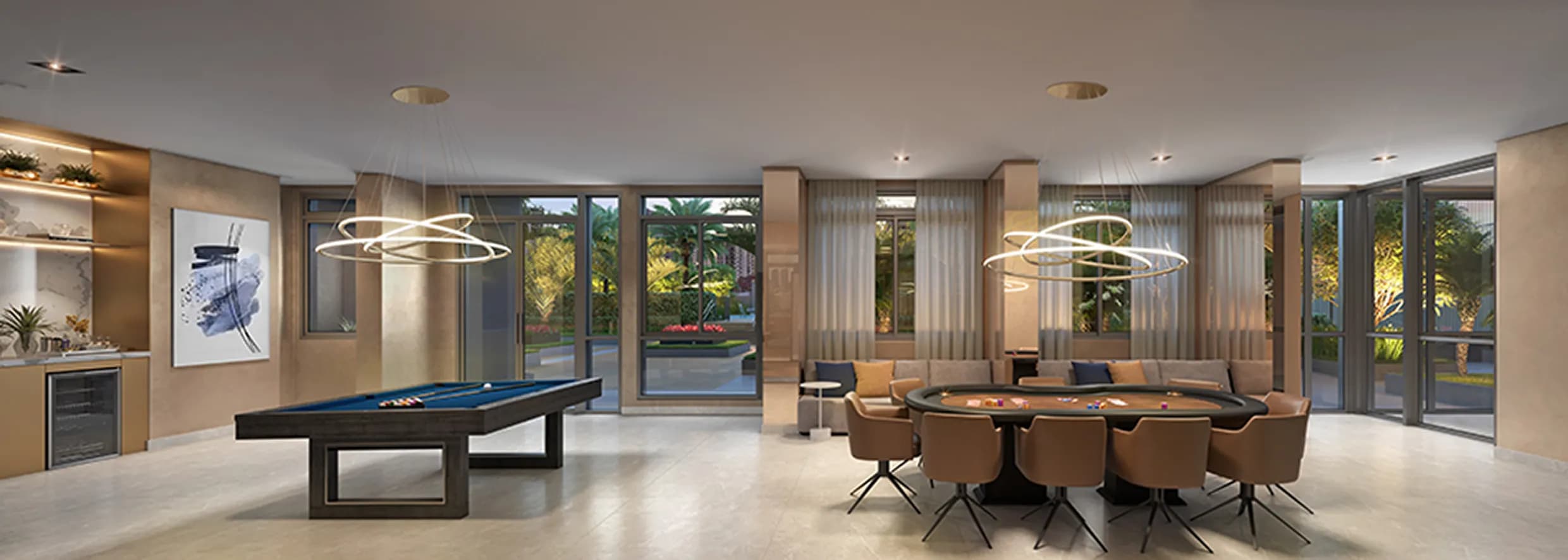 Perspectiva ilustrada do salão de jogos