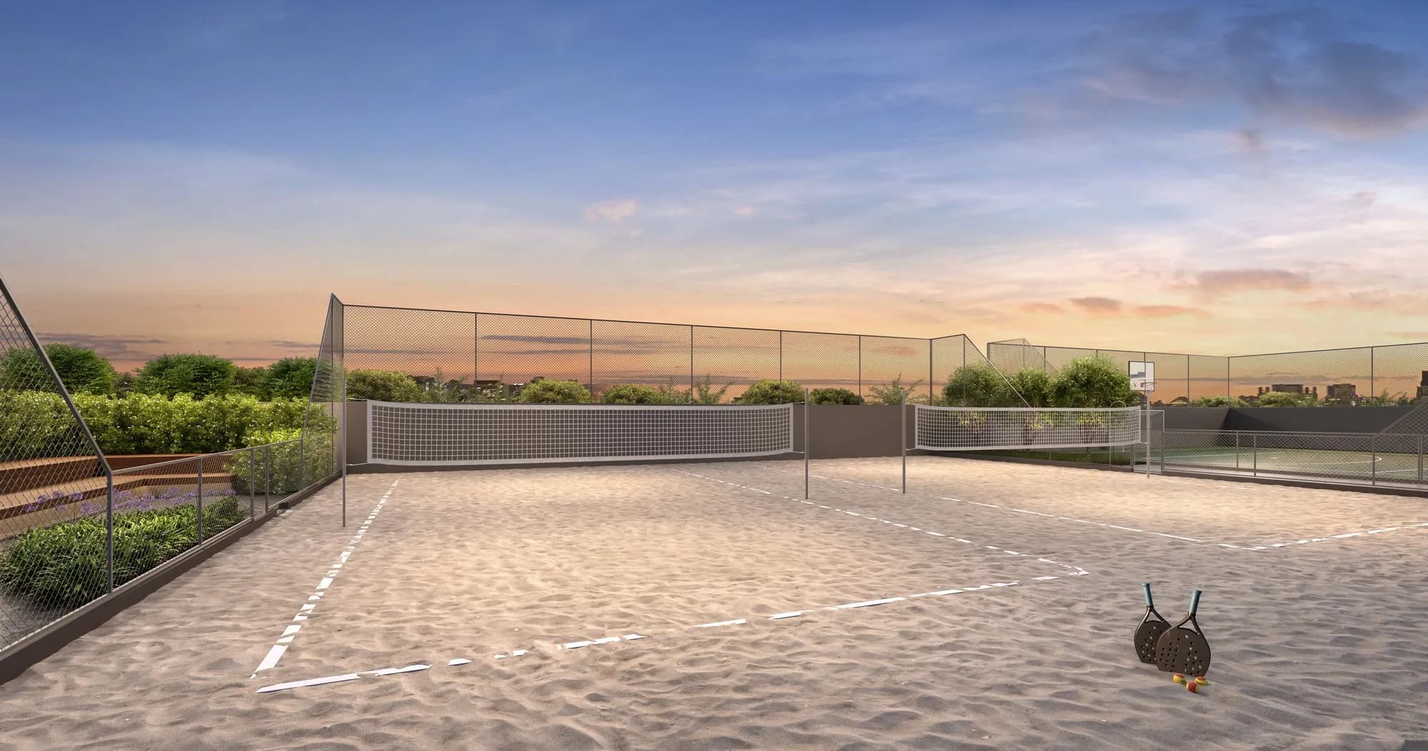 Perspectiva ilustrada das quadras de beach tennis