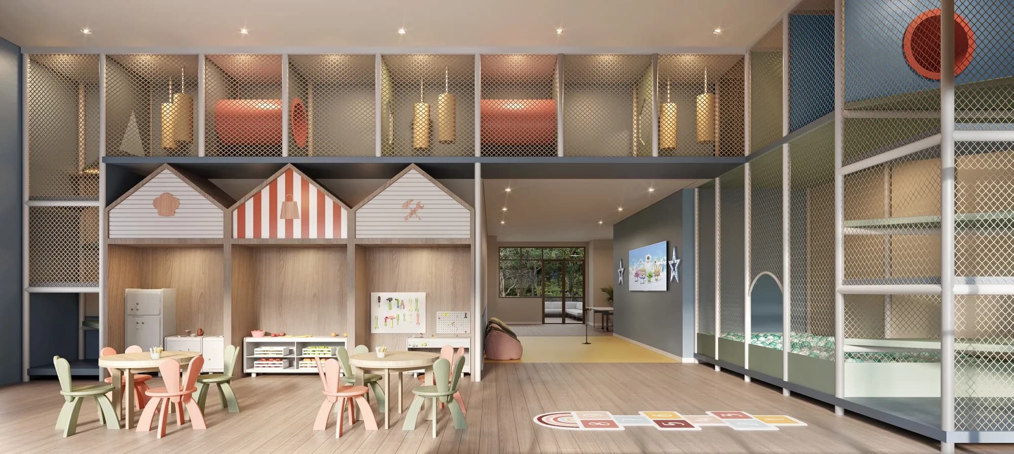 Perspectiva ilustrada do salão de festas infantil