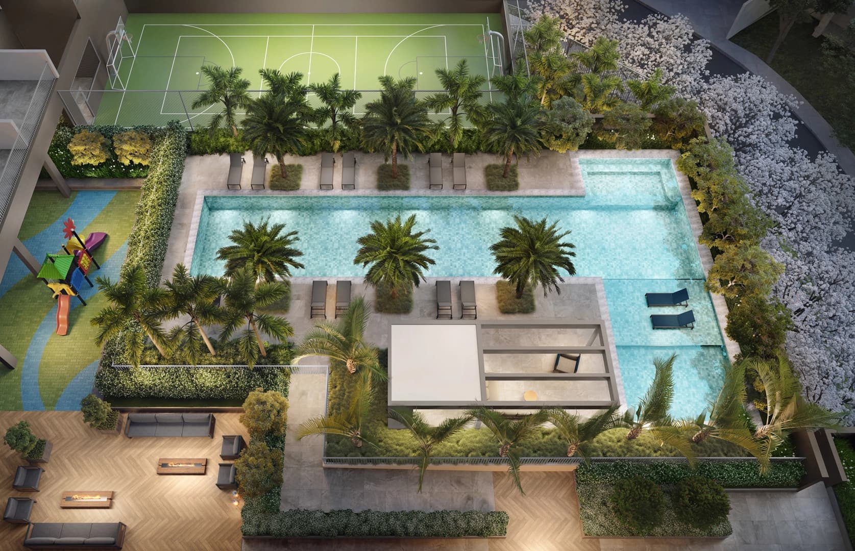 Perspectiva ilustrada da vista aérea do Lazer