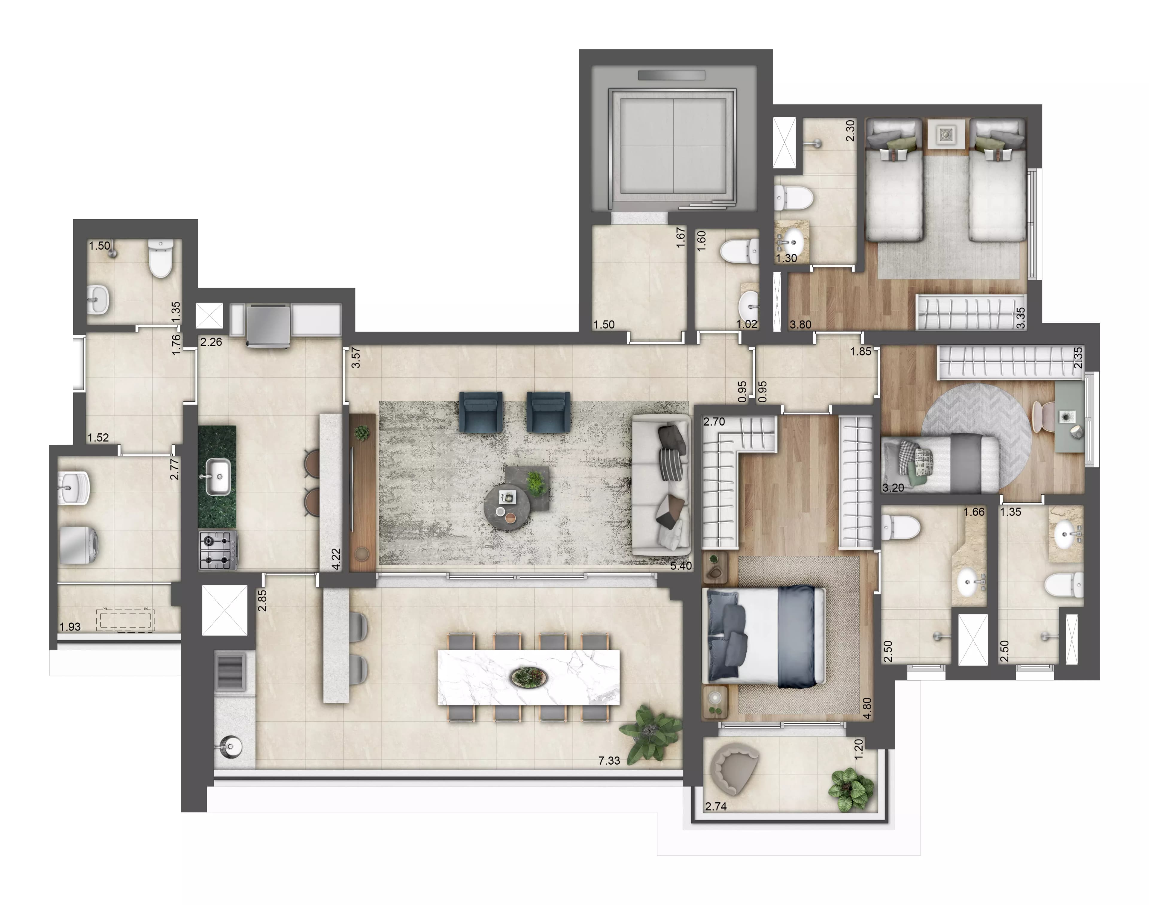 Planta tipo 132m² - 3 suites