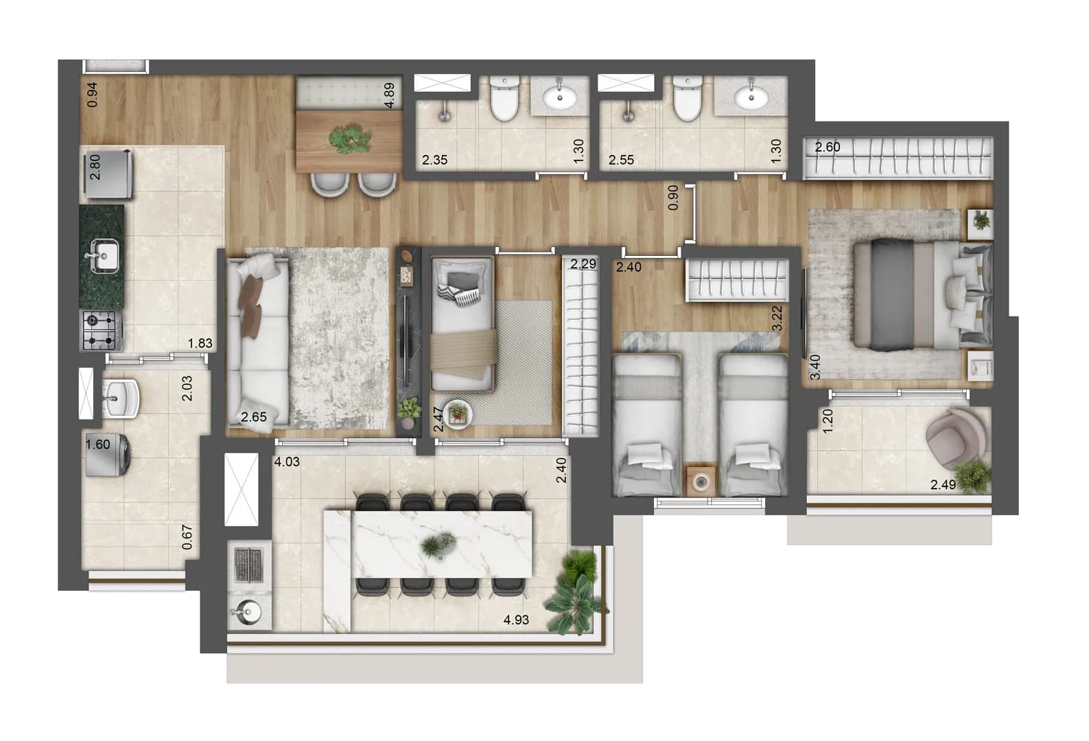 Planta tipo 86 m² - 3 dorms