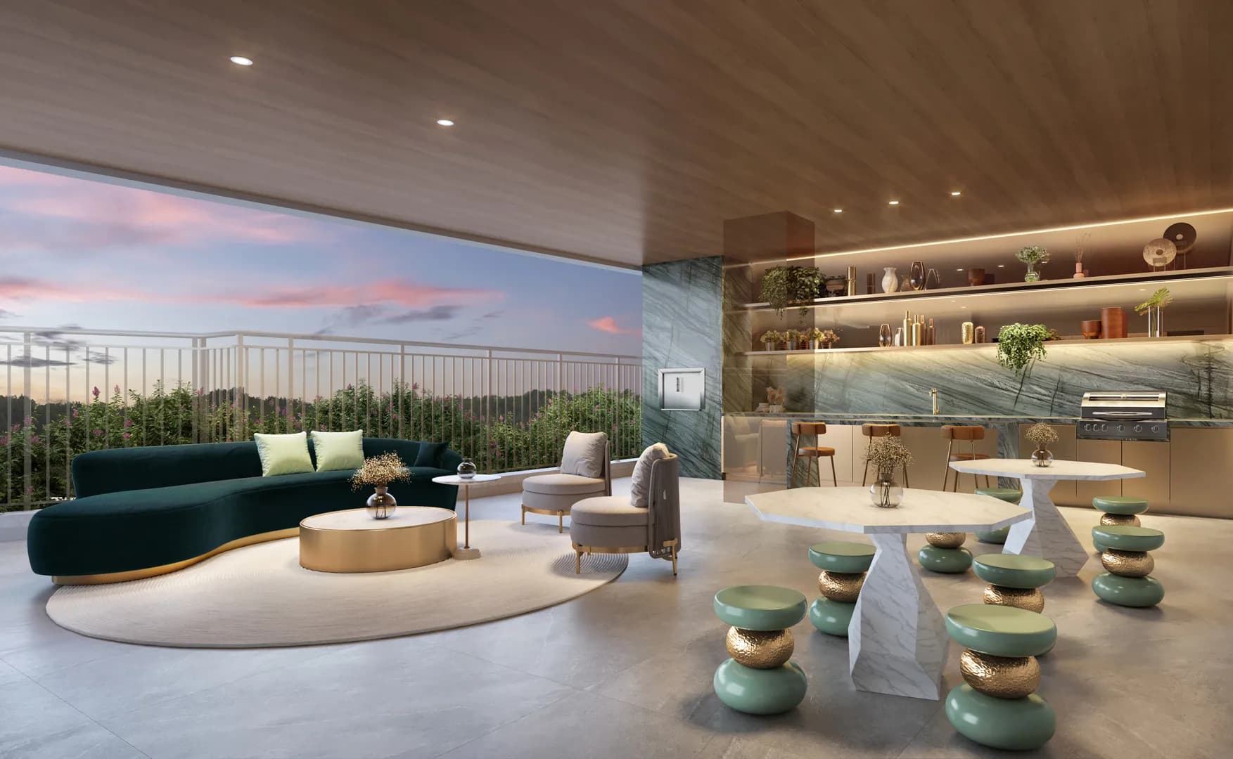 Perspectiva ilustrada do lounge gourmet