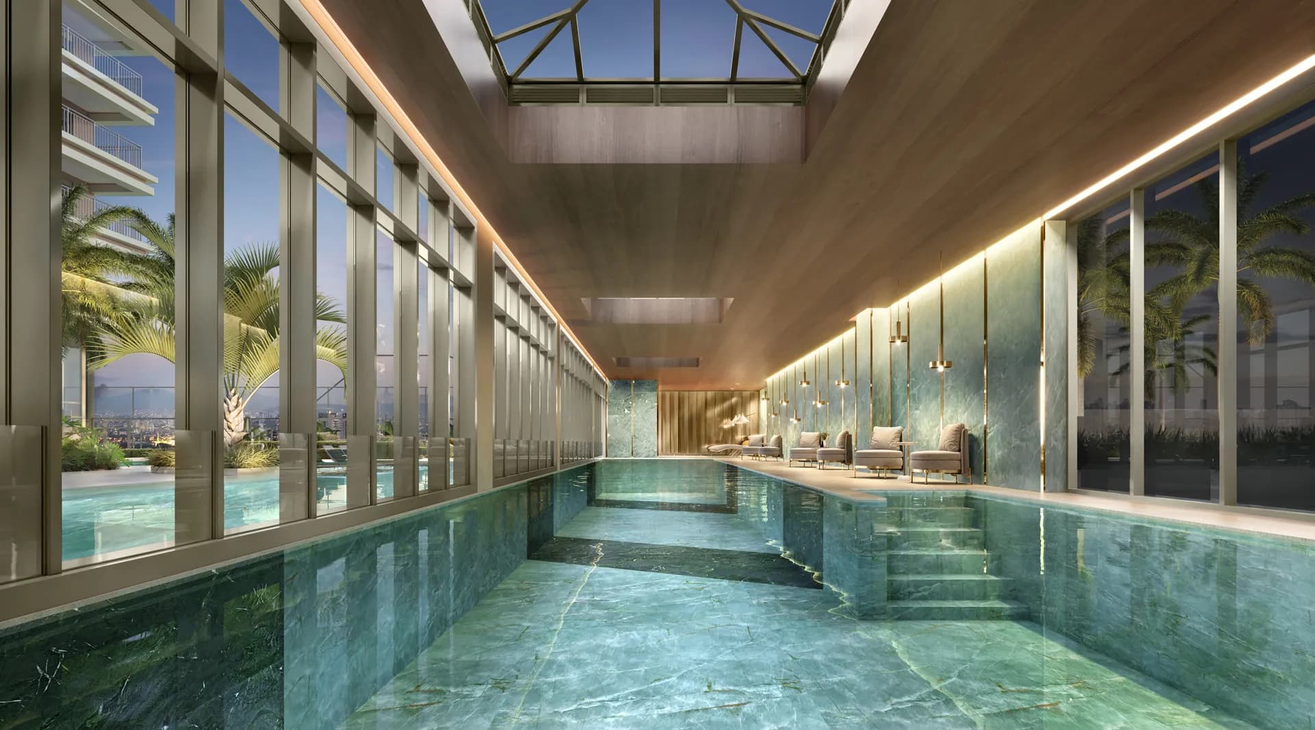 Perspectiva ilustrada da piscina coberta com raia de 25 m