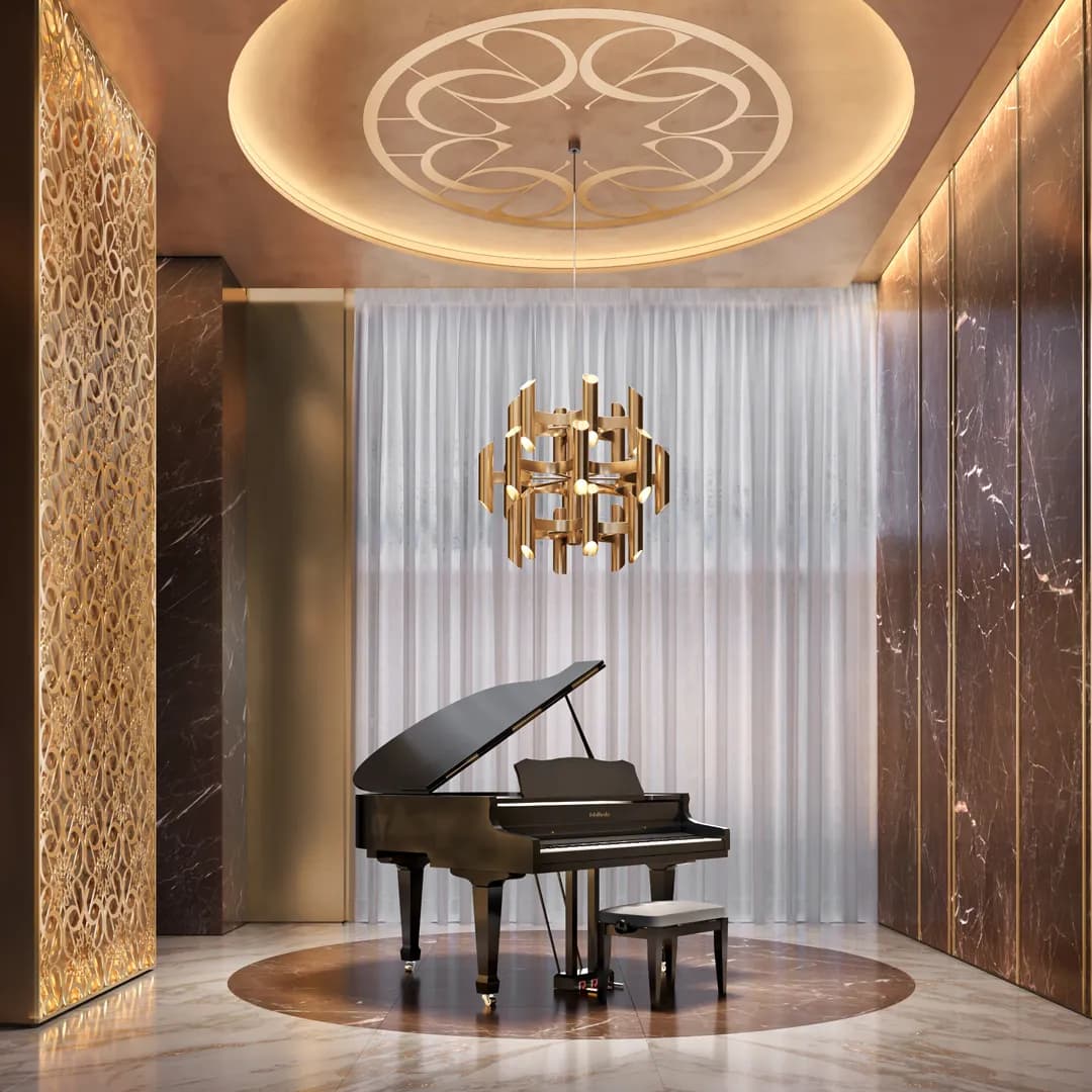 Perspectiva ilustrada do detalhe do salão de festas