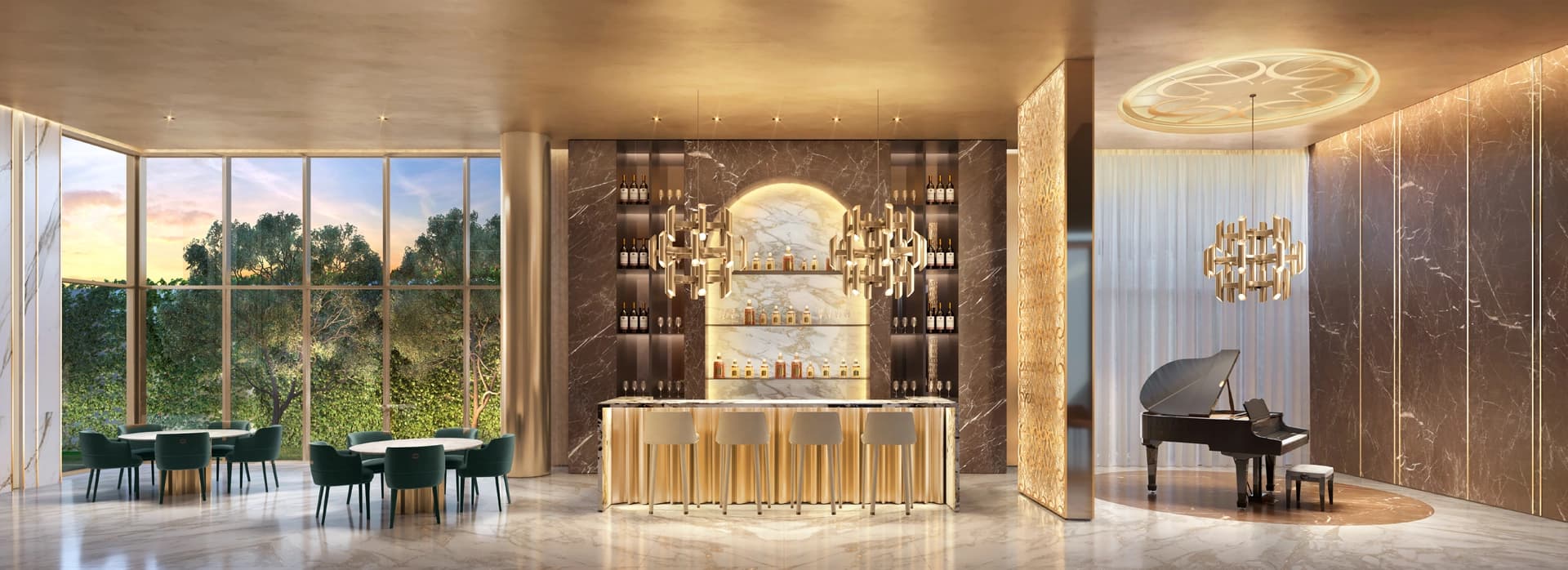 Perspectiva ilustrada do lounge piano bar