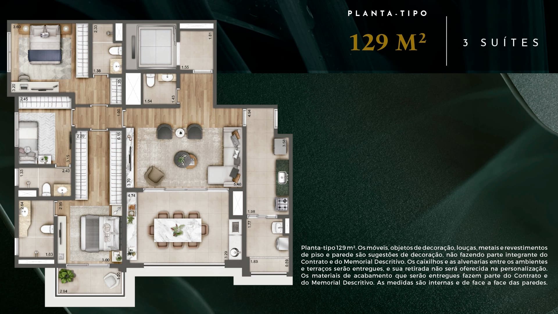 Planta tipo de 129 m² - 3 suítes